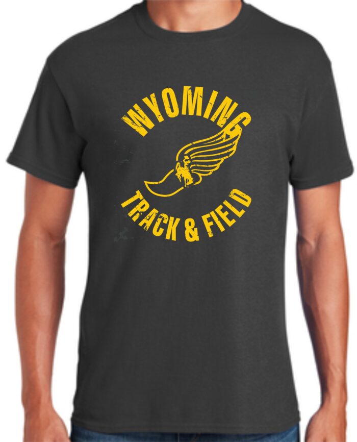 Grey tee, design is gold word Wyoming above gold track symbol with gold bucking horse inside, gold words track & field below