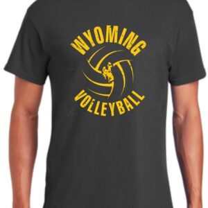 Grey tee, design is gold word Wyoming above gold volleyball with gold bucking horse inside, gold words volleyball below