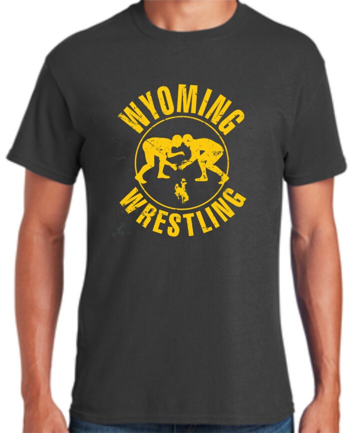 Grey tee, design is gold word Wyoming above gold wrestling logo with gold bucking horse inside, gold word wrestling below