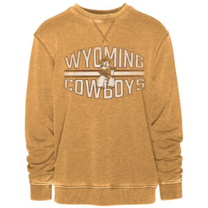 Faded gold crewneck, design is white word Wyoming above pistol pete logo above white word cowboys