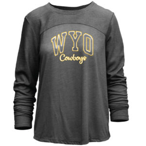 Women's grey long sleeve, design is gold outline word WYO above gold script word cowboys