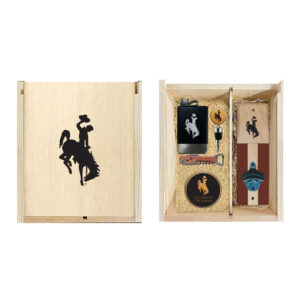 Wooden box gift set, includes black bucking horse flask, brown round bucking horse coasters, wooden wine key, gold circle wine stopper with bucking horse, and wooden wall hanging bottle opener