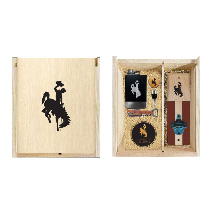 Wooden box gift set, includes black bucking horse flask, brown round bucking horse coasters, wooden wine key, gold circle wine stopper with bucking horse, and wooden wall hanging bottle opener