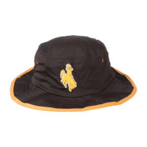 Brown bucket hat, design is gold bucking horse white outline, gold edging on hat