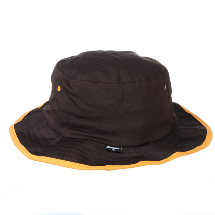Brown bucket hat, design is gold edging on hat