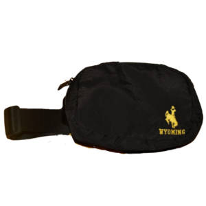 Black belt bag, design is gold bucking horse above word Wyoming