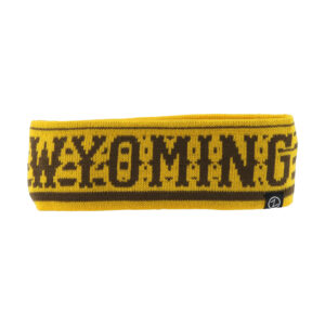 Women's striped beanie headband, design is brown word Wyoming in front of brown and gold horizonal stripes