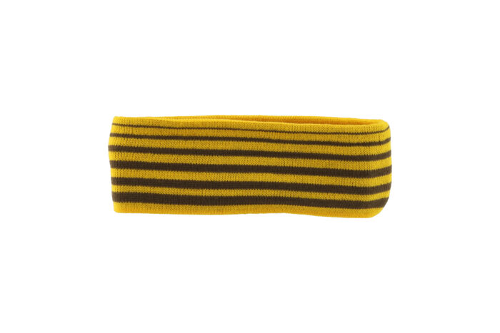 Women's striped beanie headband, design is brown and gold horizonal stripes