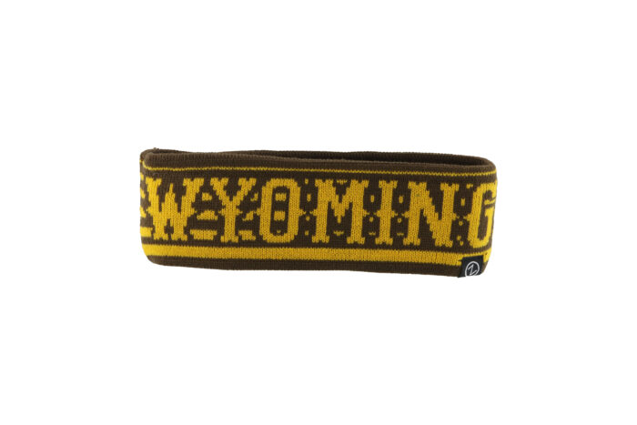 Women's striped beanie headband, design is gold word Wyoming in front of brown and gold horizonal stripes