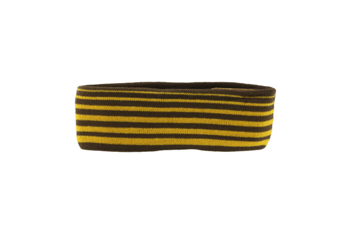 Women's striped beanie headband, design is brown and gold horizonal stripes