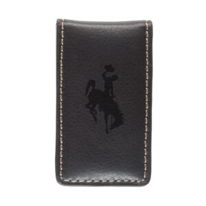 Black leather money clip, design is black bucking horse on front