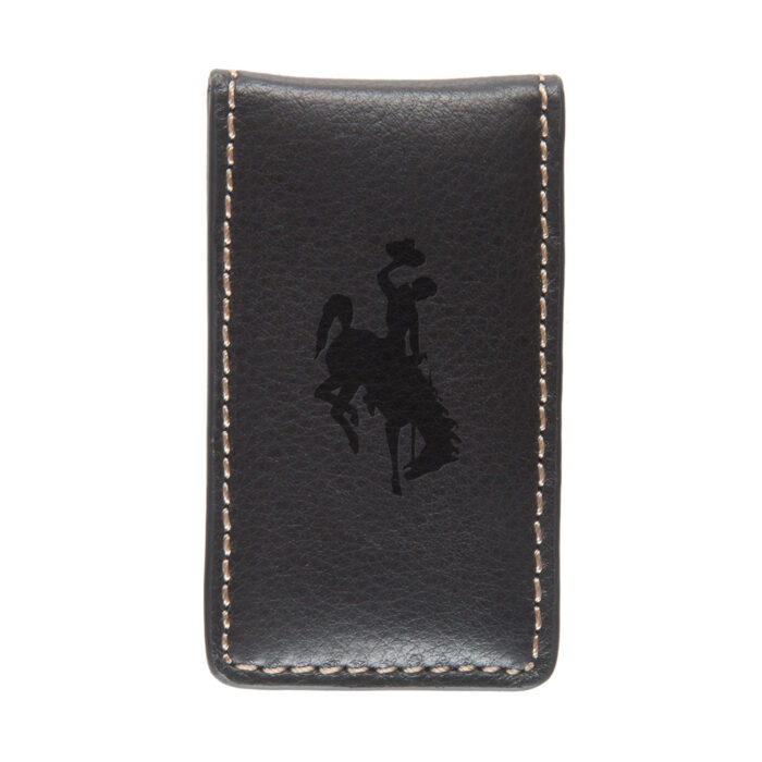 Black leather money clip, design is black bucking horse on front