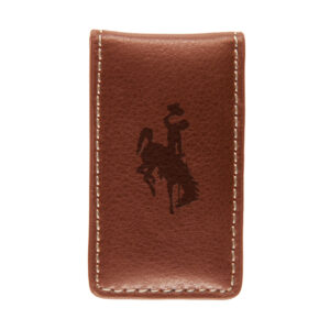 Brown leather money clip, design is brown bucking horse on front