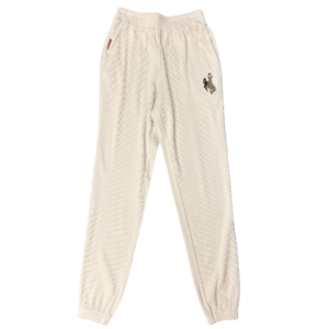 Women's cream colored sweatpants, brown bucking horse on left pant leg, elastic ankle cuff