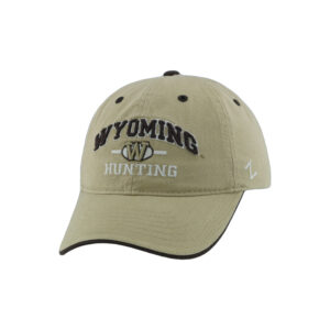 Khaki brown adjustable hat with khaki brown mesh and bill, design is brown word Wyoming above gold W with white circle black outline, above white word hunting
