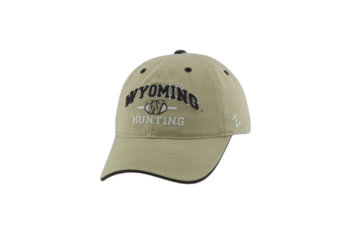 Khaki brown adjustable hat with khaki brown mesh and bill, design is brown word Wyoming above gold W with white circle black outline, above white word hunting