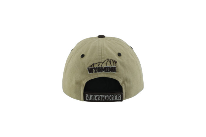 Khaki adjustable hat with khaki mesh and bill, design is brown word Wyoming with mountain detail, black adjustable closure with black word hunting and black backing