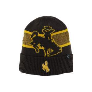Youth black beanie, design is black bucking horse gold outline with gold horizontal stripe, above gold bucking horse