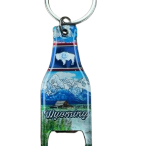 Bottle opener keychain, design is state flag above mountain scene above word Wyoming, keychain is bottle shaped