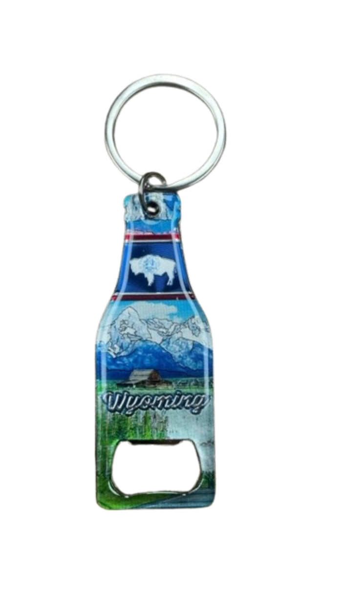 Bottle opener keychain, design is state flag above mountain scene above word Wyoming, keychain is bottle shaped