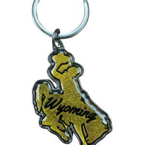 Bucking horse shaped keychain, design is gold metallic coloring with script brown word Wyoming