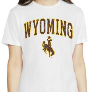 White tee, design is brown word Wyoming gold outline above brown bucking horse gold outline