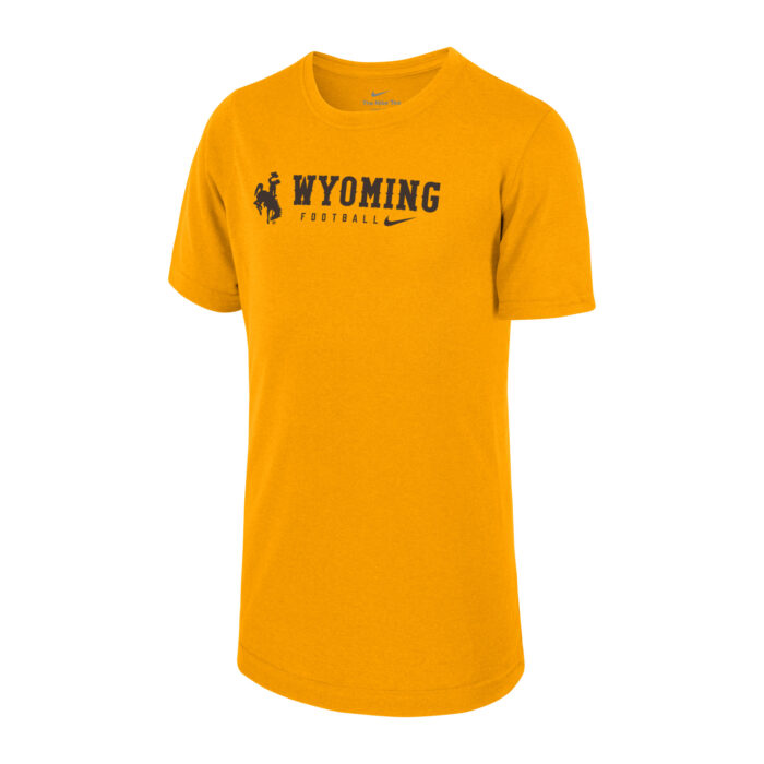 Youth gold tee, design is brown bucking horse and to the left is brown word Wyoming. The word football in brown and brown Nike logo underneath Wyoming