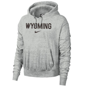 Women's grey hoodie, design is brown word Wyoming above brown nike logo
