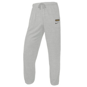 Women's grey jogger pant, design is grey horizontal oval surrounding gold word Wyoming above grey nike logo