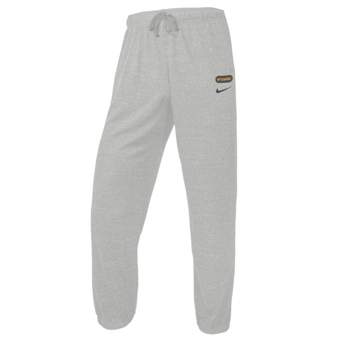 Women's grey jogger pant, design is grey horizontal oval surrounding gold word Wyoming above grey nike logo