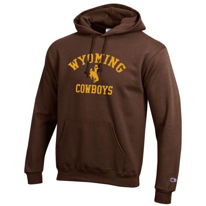 Brown hoodie, design is gold arched word Wyoming above gold bucking horse above gold word cowboys