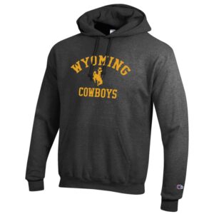 Grey hoodie, design is gold arched word Wyoming above gold bucking horse above gold word cowboys
