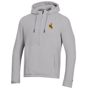 Grey half zip jacket with hood, design is brown bucking horse gold outline on left chest, grey front kangaroo pockets, grey hood drawstrings with black tips