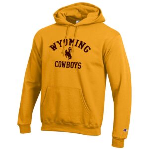 Gold hoodie, design is brown arched word Wyoming above brown bucking horse above brown word cowboys
