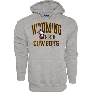 Grey hoodie, design is brown word Wyoming gold outline above Disney Mickey figure and brown oval with grey 1886, above brown word cowboys gold outline