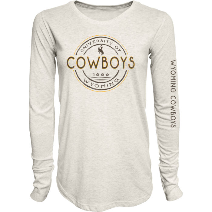 Women's oatmeal long sleeve, design is brown word cowboys gold outline encircled with grey words university of Wyoming 1886, grey word Wyoming cowboys on left sleeve