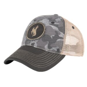 Grey camo hat with brown mesh, design is grey circle patch with light brown bucking horse