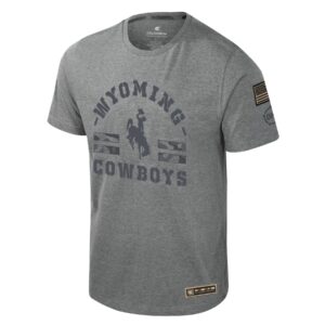 Grey short sleeve tee, design is grey word Wyoming arched above grey bucking horse above grey word cowboys, camo stripes on either side of bucking horse