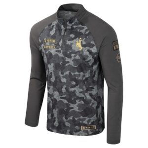 Grey camo 1/4 zip with solid grey sleeves, design is grey stripe with light gold word Wyoming, above grey stripe with light gold word cowboys, light gold bucking horse on left chest
