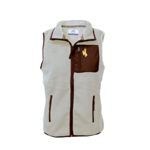 Women's cream colored fleece vest with brown chest pocket detail, design is gold bucking horse on brown chest pocket