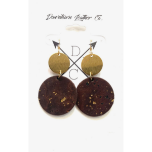 Dangle earrings, design is small gold circle above brown larger circle with gold fleck detailing