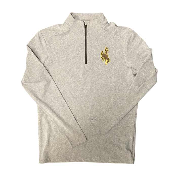 light brown 1/4 zip, design is brown bucking horse on left chest with gold outline