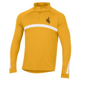 Gold 1/4 zip lightweight jacket, design is brown bucking horse on left chest above white horizontal stripe