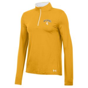 Women's gold Under Armour 1/4 zip, design is brown word Wyoming white outline, above white bucking horse