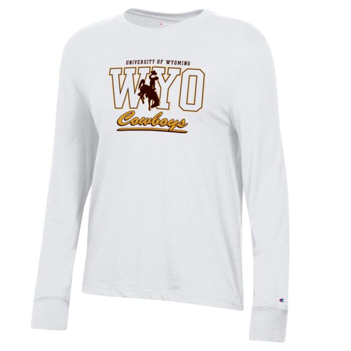 Women's white long sleeve, design is brown words university of Wyoming above white WYO gold and brown outline, brown bucking horse, above gold script word cowboys