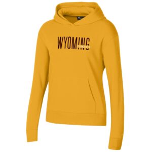 Women's gold hoodie, design is brown word Wyoming with white word cowboys embedded