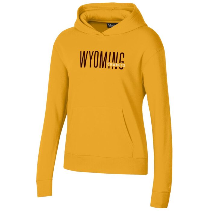 Women's gold hoodie, design is brown word Wyoming with white word cowboys embedded