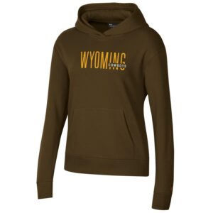 Women's brown hoodie, design is gold word Wyoming with white word cowboys embedded