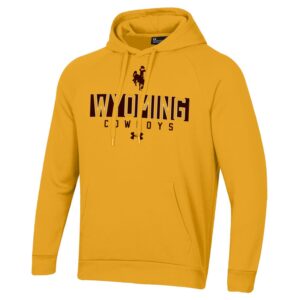 Gold hoodie, design is brown bucking horse above brown stripe with gold word Wyoming, above brown word cowboys above brown under armour logo