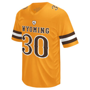 Youth gold Logan Wilson replica jersey, design is white patch with brown bucking horse, brown word Wyoming white outline above brown 30 white outline, brown and white stripes on sleeves